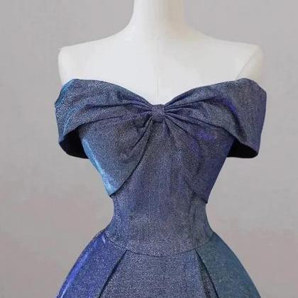 Elegant A Line Shiny Satin Blue Long Ball Gown..