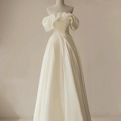A-line Off Shoulder Ivory Satin Long Prom Dress,..
