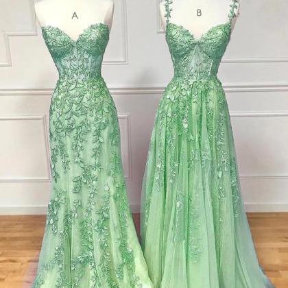 A-line Tulle Lace Green Long Prom Dress, Green..