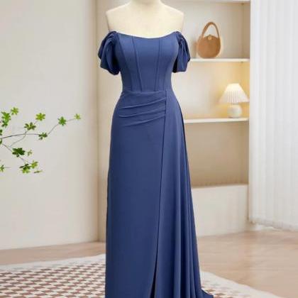 Simple Off Shoulder Gray Blue Long Prom Dress,..