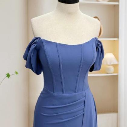 Simple Off Shoulder Gray Blue Long Prom Dress,..