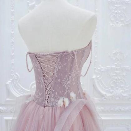 A-line Tulle Lace Pink Long Prom Dress, Pink Tulle..