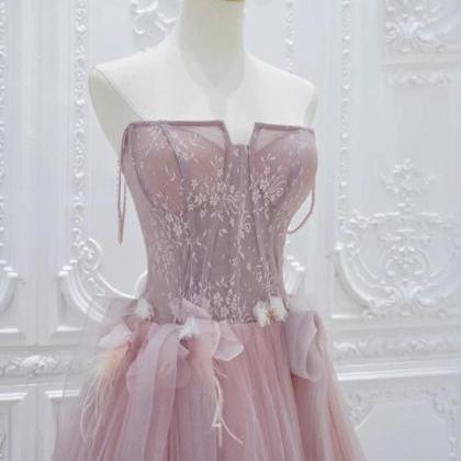 A-line Tulle Lace Pink Long Prom Dress, Pink Tulle..