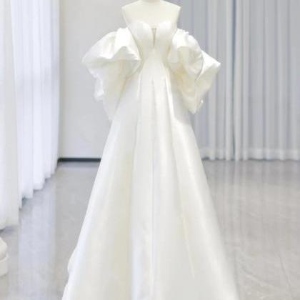 White A-line Satin Long Wedding Dress, White Satin..