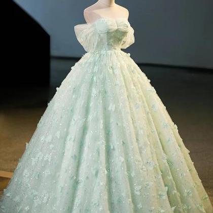Green Tulle A-line Lace Long Prom Dress, Green..