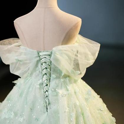 Green Tulle A-line Lace Long Prom Dress, Green..