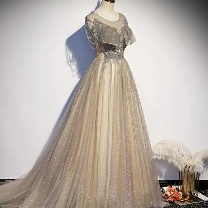 Champagne Round Neck Tulle Sequin Long Prom Dress..