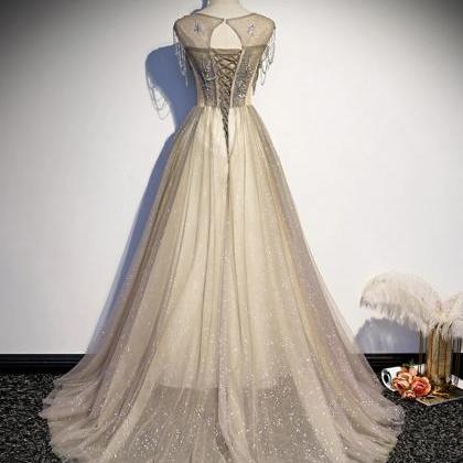 Champagne Round Neck Tulle Sequin Long Prom Dress..