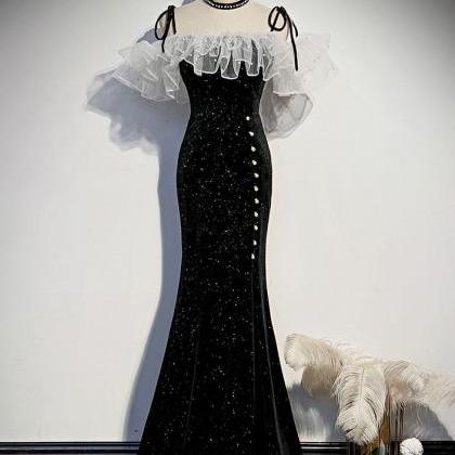 A-line Black Mermaid Long Prom Dress, Black..
