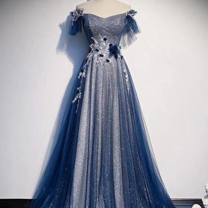 A Lina Blue Tulle Lace Long Prom Dress, Blue Tulle..