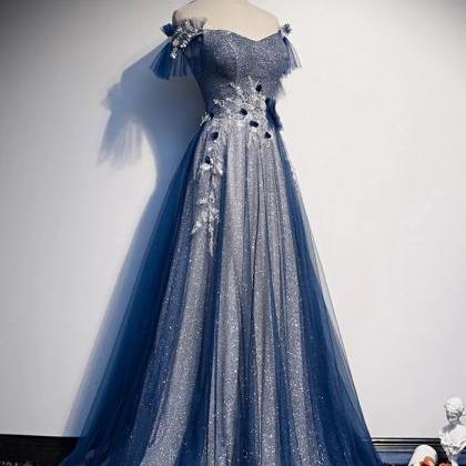 A Lina Blue Tulle Lace Long Prom Dress, Blue Tulle..