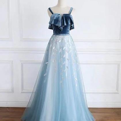 Blue Tulle Lace Long Prom Dress, Blue Tulle Long..