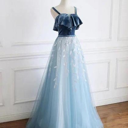Blue Tulle Lace Long Prom Dress, Blue Tulle Long..