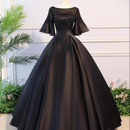 Black Round Neck Satin Lace Long Prom Dress,..