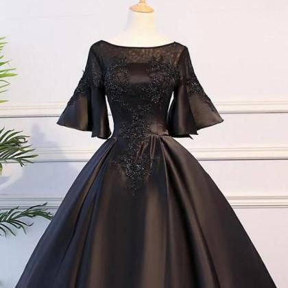 Black Round Neck Satin Lace Long Prom Dress,..