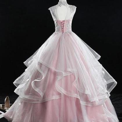 Pink High Neck Tulle Lace Long Sweet 16 Dress..