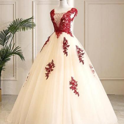 Burgundy Tulle Beads Lace Long Prom Dress