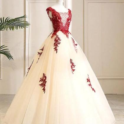 Burgundy Tulle Beads Lace Long Prom Dress