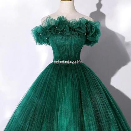 Green Off Shoulder Tulle Long Prom Dress,