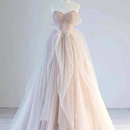 A-line Off Shoulder Tulle Lace Champagne Pink Long..