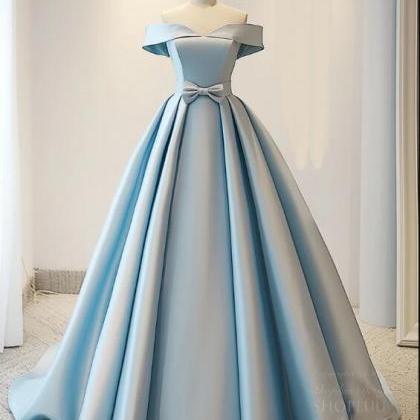 A-line Off Shoulder Satin Blue Long Prom Dress,..