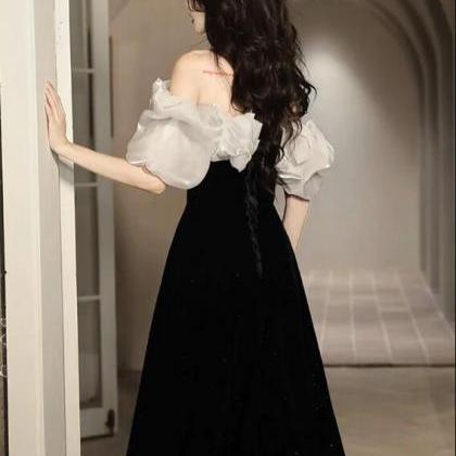 A-line Off Shoulder Velvet Black Long Prom Dress,..