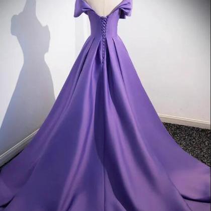 A-line Off Shoulder Satin Purple Long Prom Dress,..