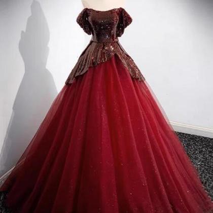 A-line Tulle Sequin Burgundy Long Prom Dress, Off..