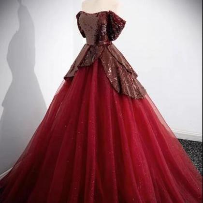 A-line Tulle Sequin Burgundy Long Prom Dress, Off..