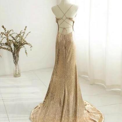 Champagne Backless Sequin Long Prom Dress, Sequin..