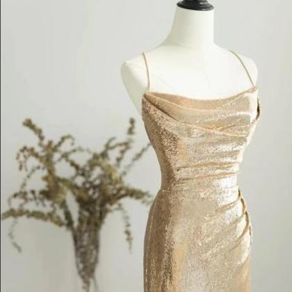 Champagne Backless Sequin Long Prom Dress, Sequin..