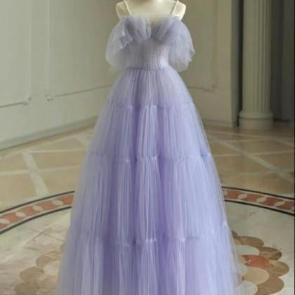 A-line Tulle Purple Long Prom Dress, Purple Long..