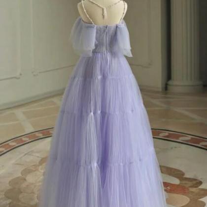 A-line Tulle Purple Long Prom Dress, Purple Long..