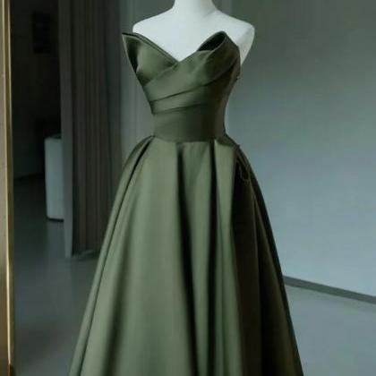 A-line V Neck Satin Green Long Prom Dress, Green..