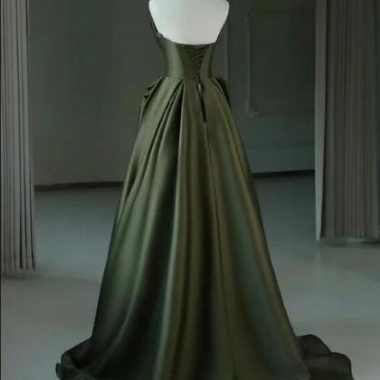 A-line V Neck Satin Green Long Prom Dress, Green..