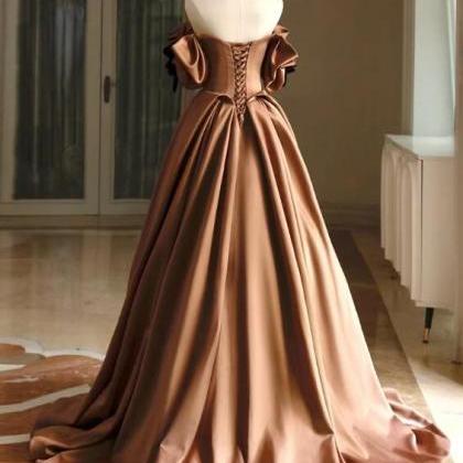 Simple A-line Satin Brown Long Prom Dress, Brown..