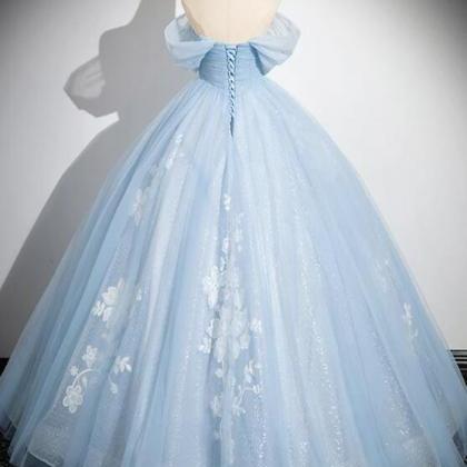 A-line Tulle Lace Blue Long Prom Dress, Off..