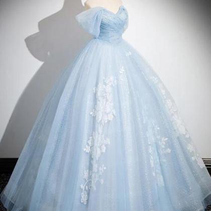 A-line Tulle Lace Blue Long Prom Dress, Off..