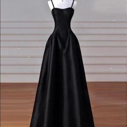 A-line Satin Black Long Prom Dress, Black Long..