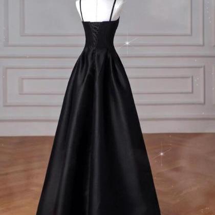 A-line Satin Black Long Prom Dress, Black Long..