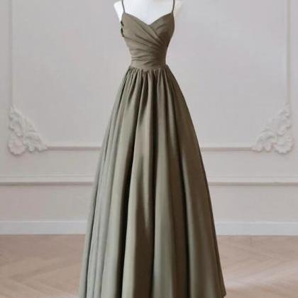 A-line V Neck Satin Olive Green Long Prom Dress,..