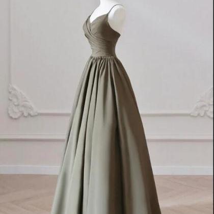 A-line V Neck Satin Olive Green Long Prom Dress,..