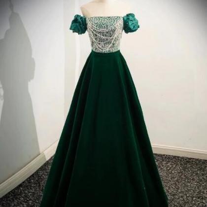 A-line Velvet Sequin Beads Green Long Prom Dress,..