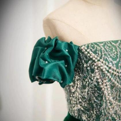 A-line Velvet Sequin Beads Green Long Prom Dress,..