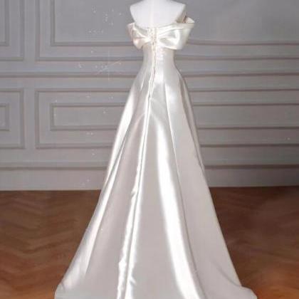 A-line Off Shoulder Satin Beige Long Prom Dress,..