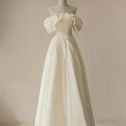 A-line Off Shoulder Ivory Satin Long Prom Dress,..