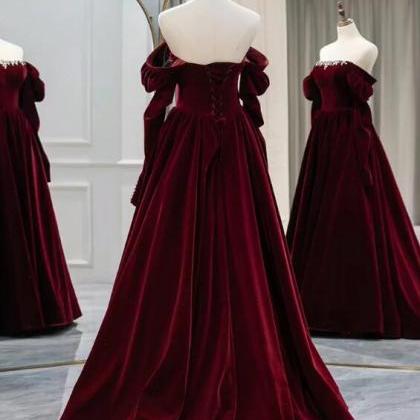 A-line Long Sleeves Velvet Burgundy Long Prom..