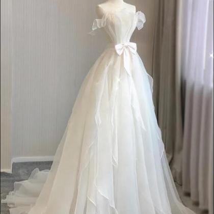 A-line Organza White Long Prom Dress, White Long..