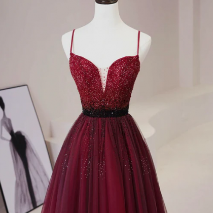Burgundy Tulle Long Prom Dress With Beaded,..