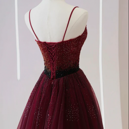 Burgundy Tulle Long Prom Dress With Beaded,..